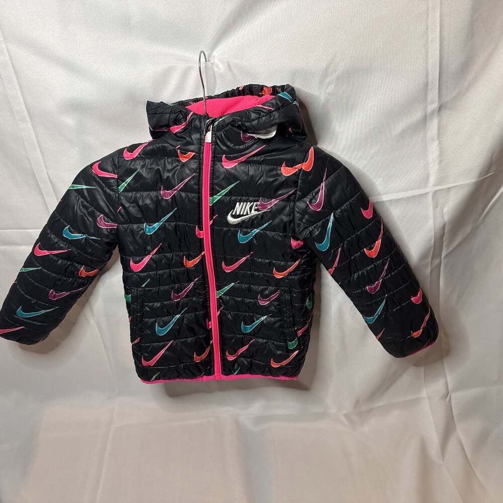 Nike Toddler Black Pink Logo Full Zip Hooded Puffer Just Do It Jacket